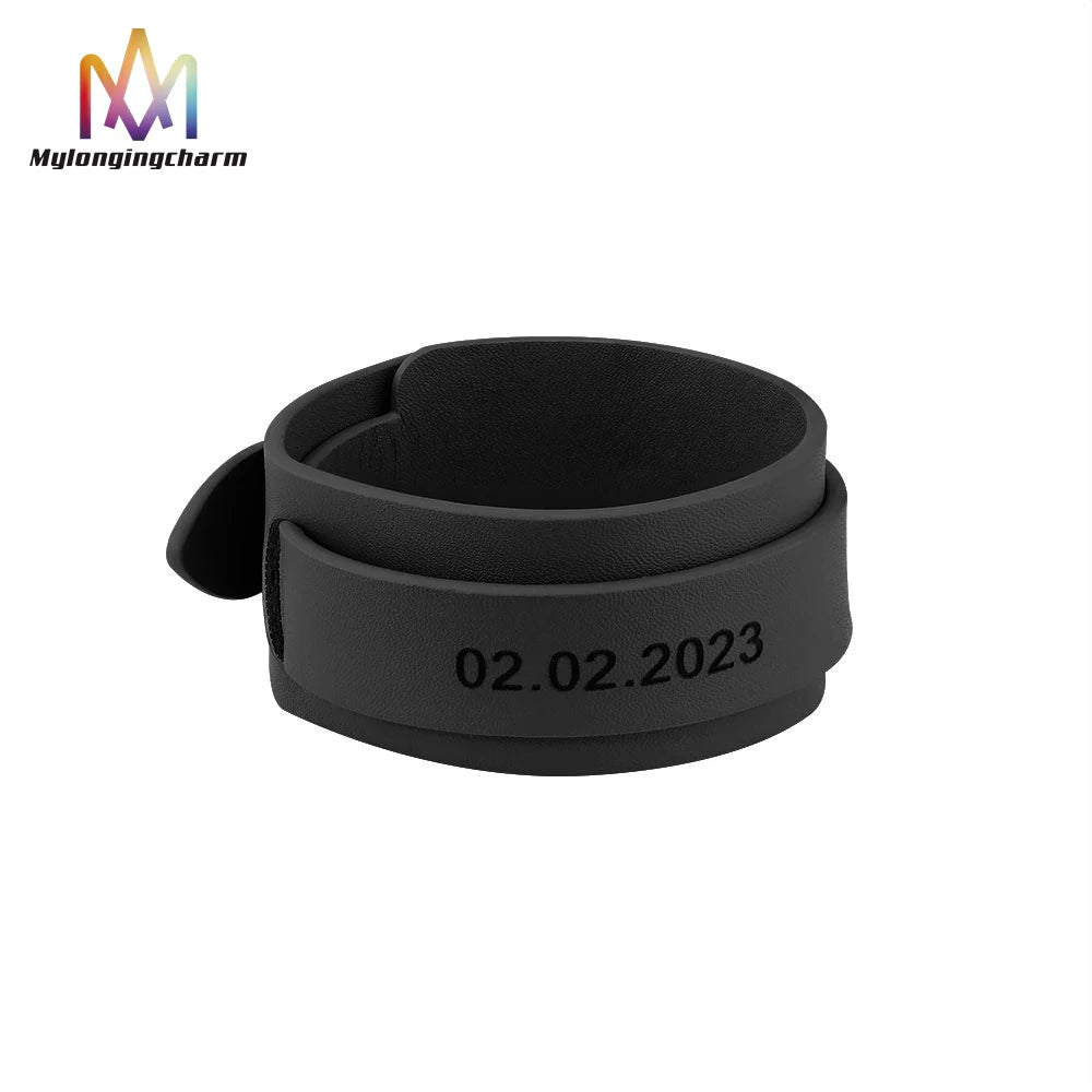 Adjustable Men's Leather Fashion Bangle Bracelet Custom Engravable Wide Wrist Strap