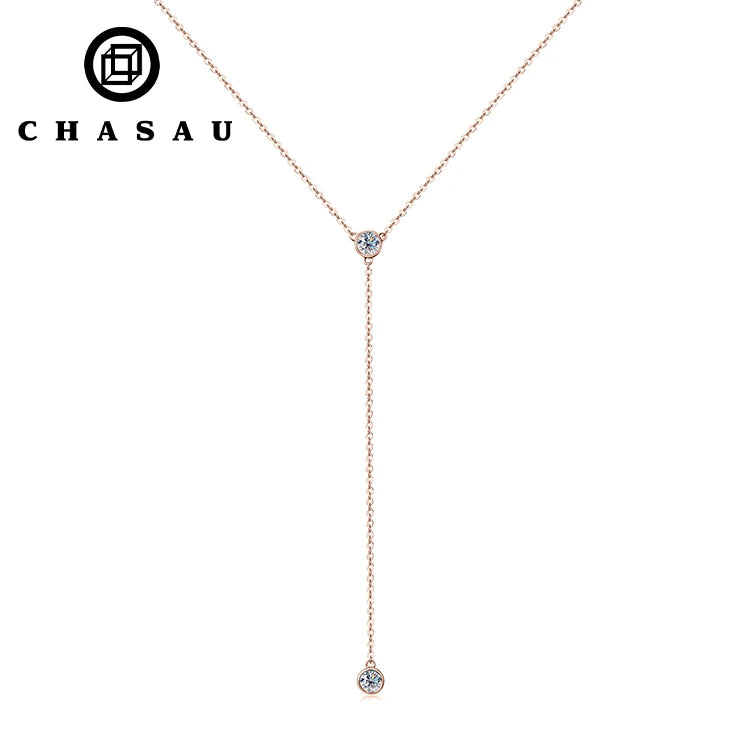 925 Sterling Silver Y-Shaped Tassel Pendant Necklace with 4mm 0.3CT Round Cut Moissanite Simple Bezel Setting