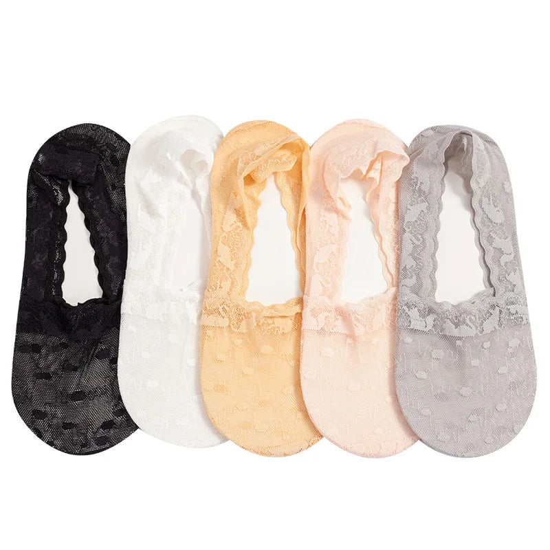 5Pairs/set Summer Lace Ultra-thin Invisible Socks  Silicone Female Breathable and Sweat-Absorbent Anti-Slip No Show Socks