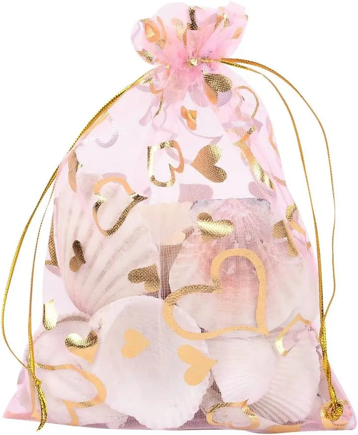 100Pcs 2.7x3.5 Inch Sheer Multi-Color Drawstring Heart Organza Polyester Hot Stamped Favor Gift Bags Wedding Party Christmas