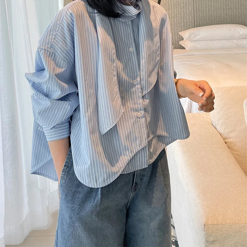 Boutique Wholesale 2026 Spring New Stand up Neck With Stripes Loose and Slimming Versatile Lace up Casual Women's Shirts