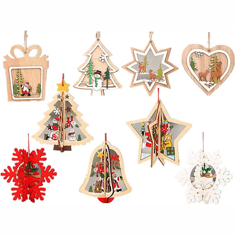 3DChristmas Wood Hanging Pendant Colorful Wooden Slices Cutout Veneers With Hang String for Xmas Tree or Home Indoor Decorations