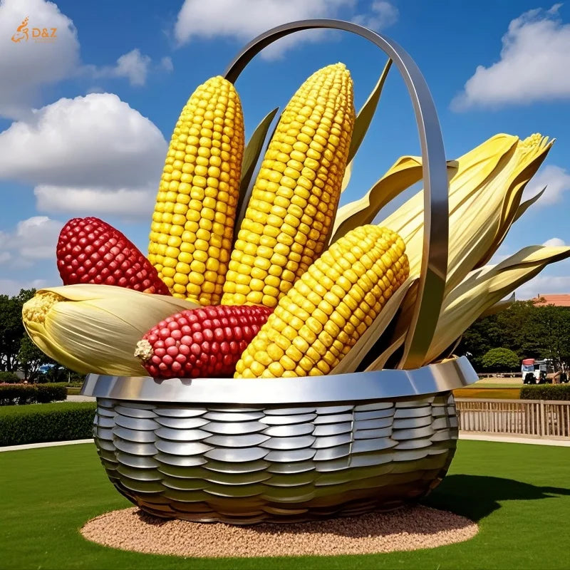 Wholesale Electro Mirror Art Large Metal Corn Statue Giant Stainless Steel Corn Basket Statue Sculpture for Park Farm Project
