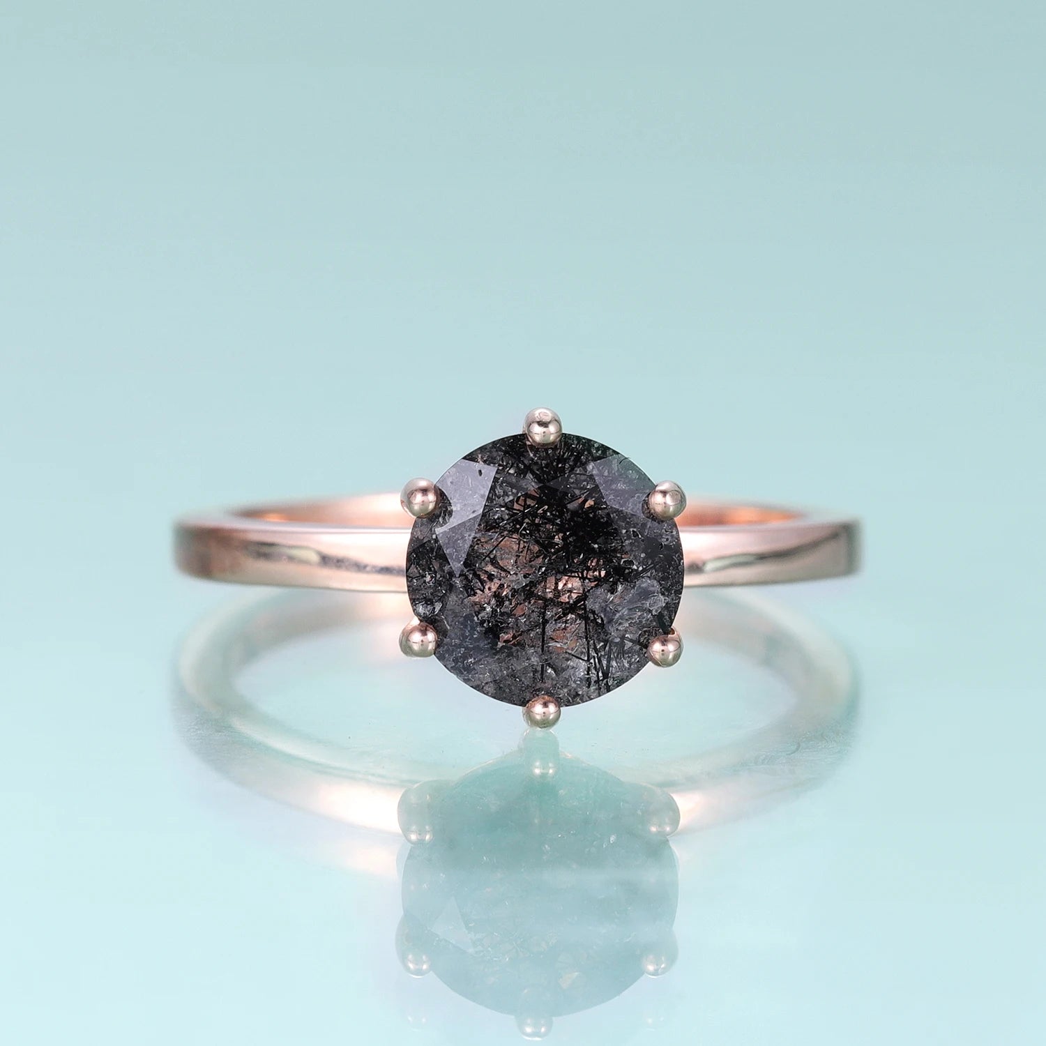 KH075 Fine Jewelry Manufacturer Six Prong Solitaire 8mm Black Rutilated Quartz Gemstone 925 Sterling Silver Black Stone Ring