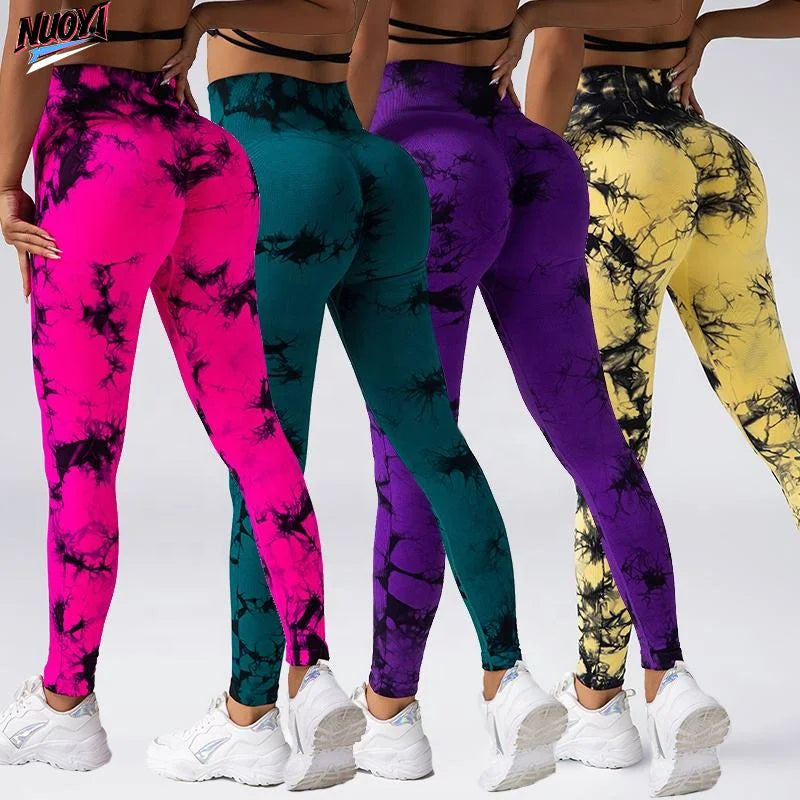 Women's Seamless Stretchy Tie Dye Athletic Tie Dye Scrunch Butt Yoga Leggings High Waist Smile Design Workout Butt Lifting Pants