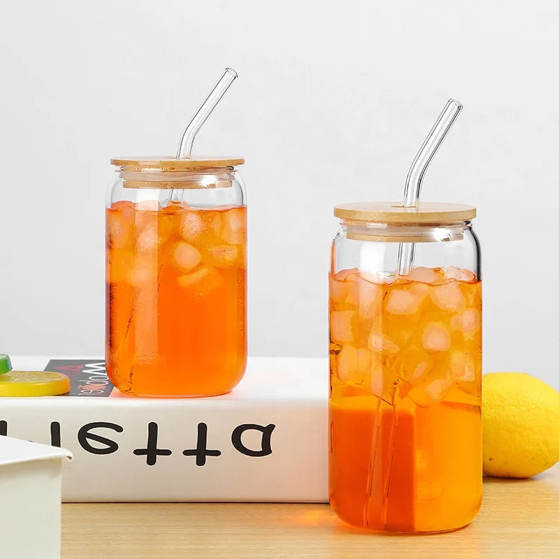 Sublimation 12OZ 16OZ Cola Tea Coffee Water Bottles Can Shaped High Borosilicate Beer Glass Tumbler With Bamboo Lid and Straw