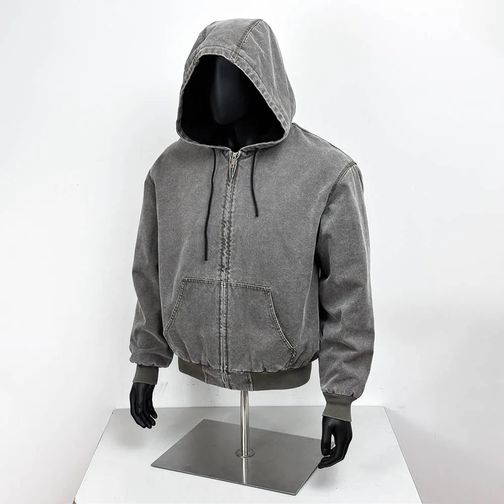 TOPSHOW Custom Distress Vintage Duck Canvas Hoodie Work Wear Jacket Worker Workwear Mechanic Carpenter Chore Jacket Men