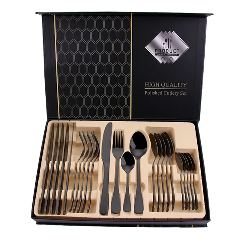 Hot Selling 24 Pcs Black Stainless Steel Modern Cutlery Set High Quality Flatware Gift Set Mirror Polish Storage Box Presents