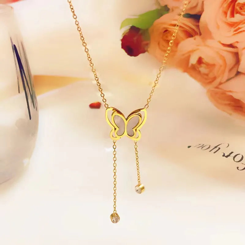 New Arrival 18k Gold Plated Tarnish Free 316l Stainless Steel Hollow Butterfly Tassel Pendant Necklaces for Women