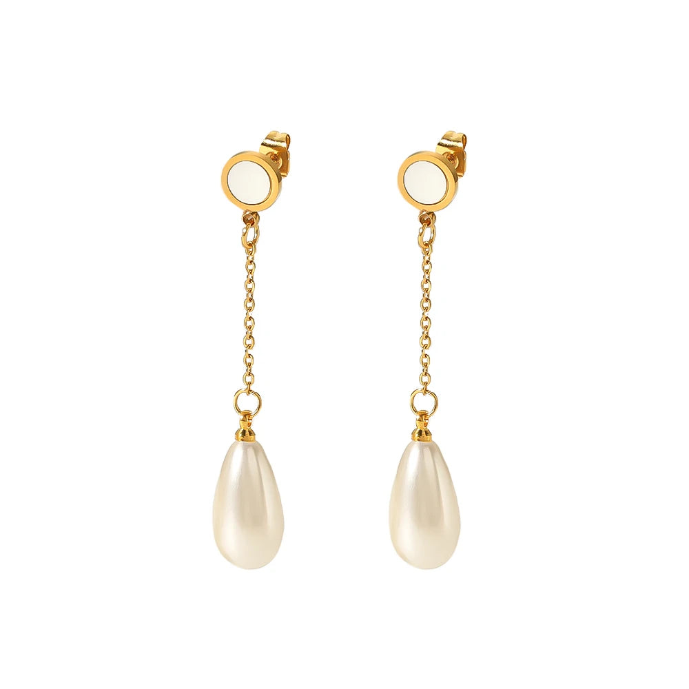 Luxury Stainless Steel 18K Gold Plated Trendy Geometric Drop Long Pearl Pendant Earrings for Women