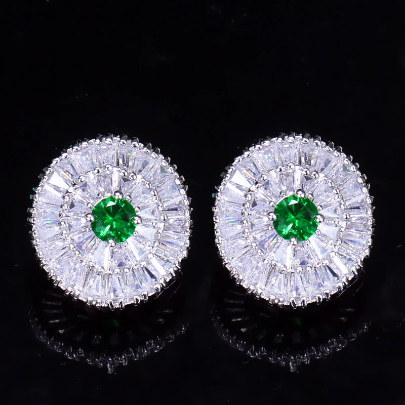 Fashion Women Jewelry Sparkling White Green Blue Red White Color Cubic Zircon Paved Round Stud Earrings for Party Daily Wear