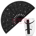 Popular Glitter Bamboo Rave Hand Fan with Holster Silver Golden Black Clack Fabric Folding Fan for Festivals