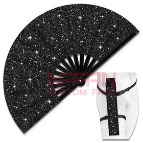 Popular Glitter Bamboo Rave Hand Fan with Holster Silver Golden Black Clack Fabric Folding Fan for Festivals