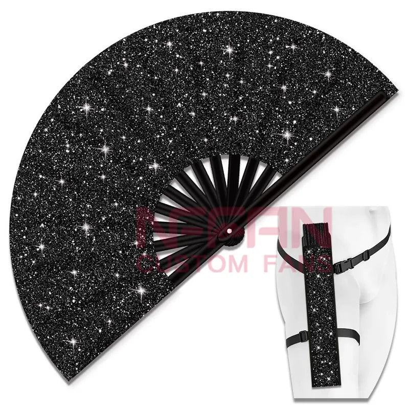 Popular Glitter Bamboo Rave Hand Fan with Holster Silver Golden Black Clack Fabric Folding Fan for Festivals