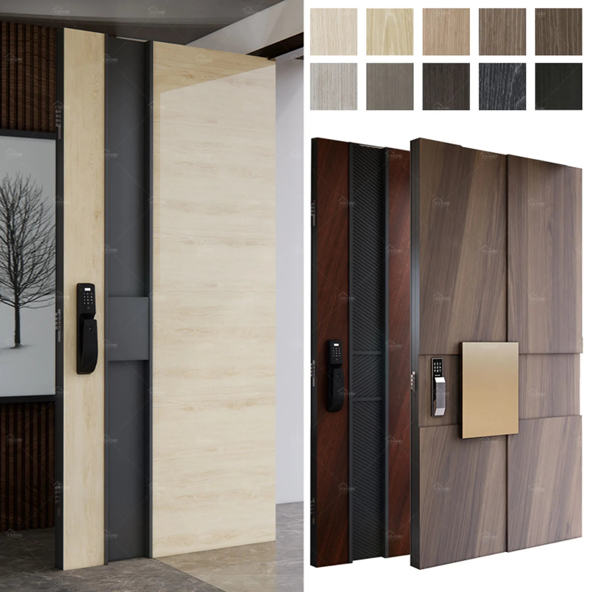 USA Black Walnut Solid Wood Entry Door Custom Smart Lock Main External Front Doors Wooden Pivot Exterior Security Door