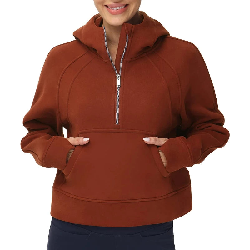 Fitspi Wholesale Hoodies Half Zip Long Sleeve Fleece Crop Pullover Sweatshirts With Pockets Thumb Hole