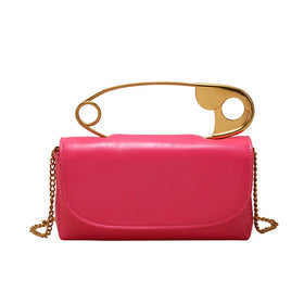 Safety Pin Clutch Handbag with Gold Chain Shoulder Strap Designer Fashion PU Leather Bags for Women 2024