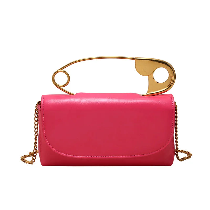 Safety Pin Clutch Handbag with Gold Chain Shoulder Strap Designer Fashion PU Leather Bags for Women 2024