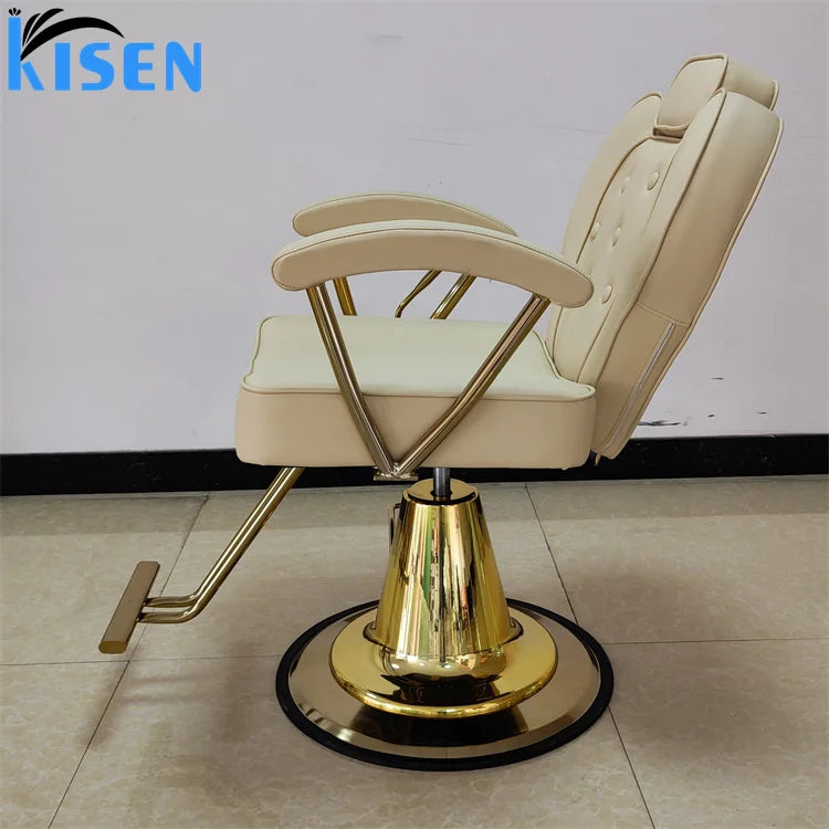 Kisen Salon Furniture Unique Salon Styling Chairs Hydraulic Hairdressing Beige and Gold Styling Chair Fashion Barber Chair