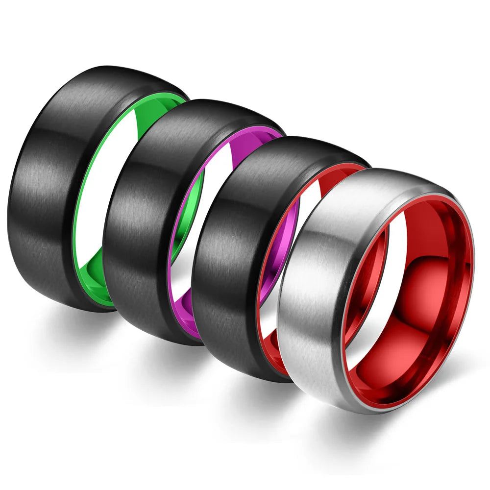 2023 New High Quality Classic Two-tone Intercolor Matte Red Purple Green Geometric Stainless Steel Couples Ring for Men & Women