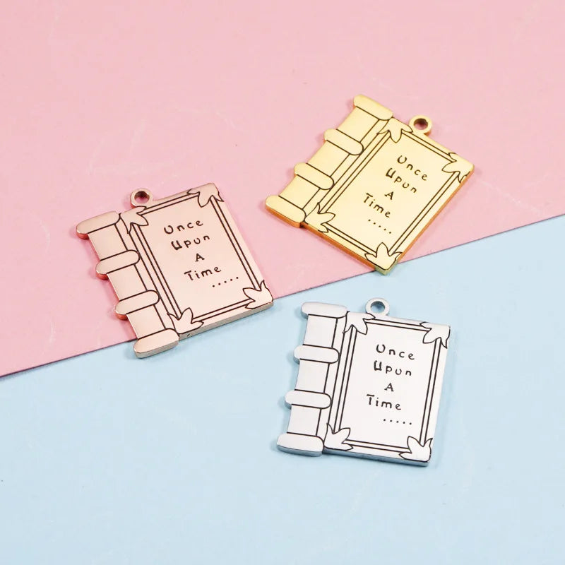 Book of Fairy Tales "Once Upon a Time" Text Stainless Steel Jewelry Making Accessory Story Book Shape DIY Pendant Charm