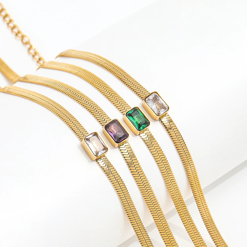 JOOLIM Jewelry Wholesale Snake Chain Rectangle Zirconia Herringbone Stainless Steel Necklace Non Tarnish Jewelry 2022