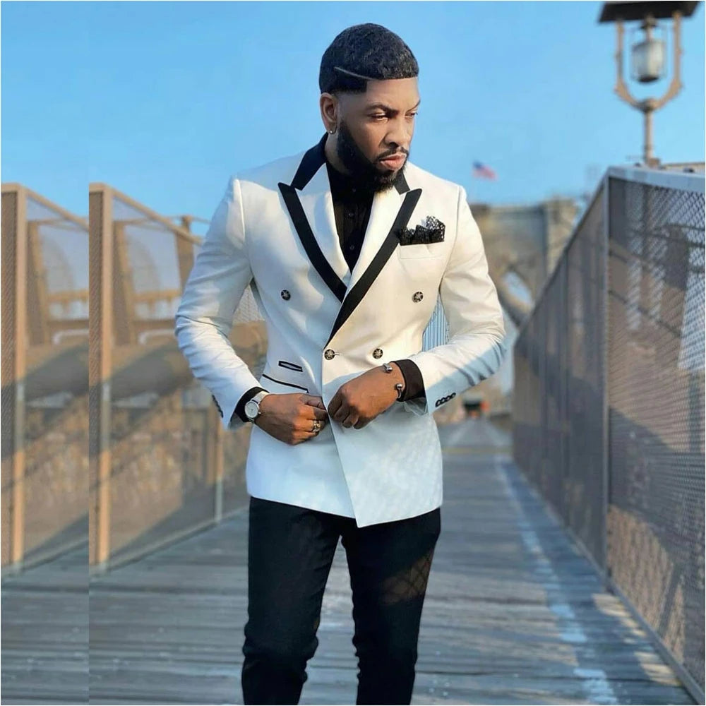 White Double Breasted Men Suits Top Lapel Blazers Slim Fit Male Tuxedo Tailored Made Groom Wear Two Pieces Prom Jacket and Pants