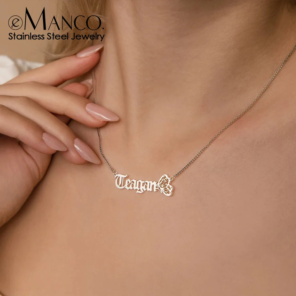 EManco Women's Customized Name Necklace Fashion Accessory with Skeleton Letter Butterfly Pendant Stainless Steel Box Chain Gift