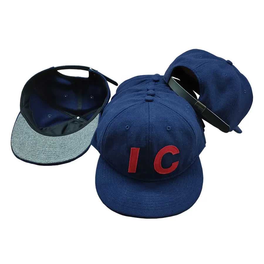 Custom 6 Panel Navy Blue Color Wool Dad Caps Flat Brim Leather Strap Metal Buckle Wool Blended Unstructured Dad Hats