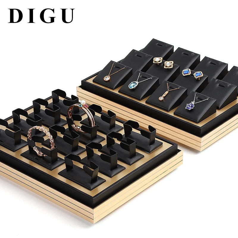 DIGU Large Capacity champagne Metal Edge Black PU Leather Bangle Pendant Earrings Jewellery Display Tray for Retail Shop