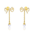 Elegant Stylish Light Luxury Long Tassel Pearl Earrings 925 Sterling Silver Gold Plated Bow Knot Stud Earrings