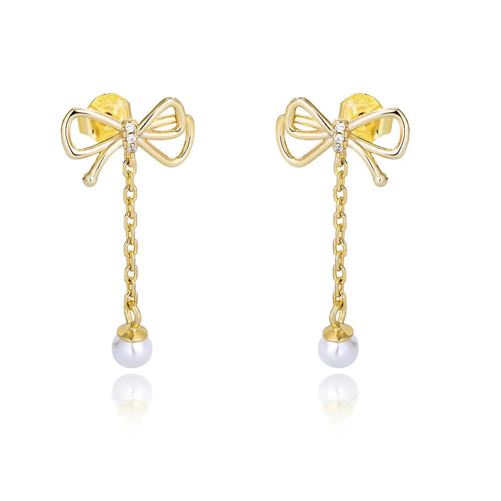 Elegant Stylish Light Luxury Long Tassel Pearl Earrings 925 Sterling Silver Gold Plated Bow Knot Stud Earrings