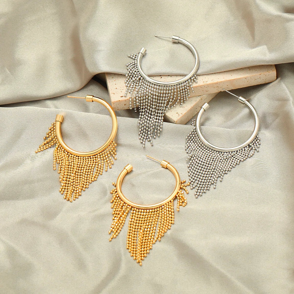 The Latest Popular Small Beads Tassel Hoops Earrings Tarnish Free 18K Gold Plated Copper Geometric Long Tassel Dangle Earrings