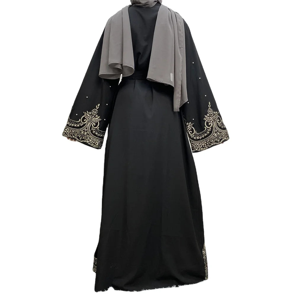 Ready Shipping Seller Guarantee Open Long Muslim Women Dress Stone Decoration Embroidery Cuff Design Abaya