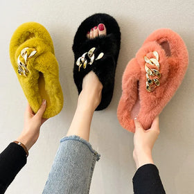Wholesale Open-toe Fur slippers Golden Chain Indoor Fluffy House slippers Rubber Soft Sole Mink Faux Fur Slides