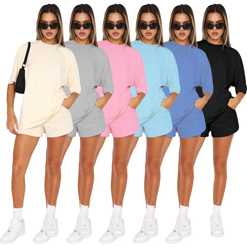 Dropshipping Summer Hot Sale New Jogging Gym Women Clothes Cotton Solid Color Casual Loose T Shirt Shorts Two Piece Women's Sets