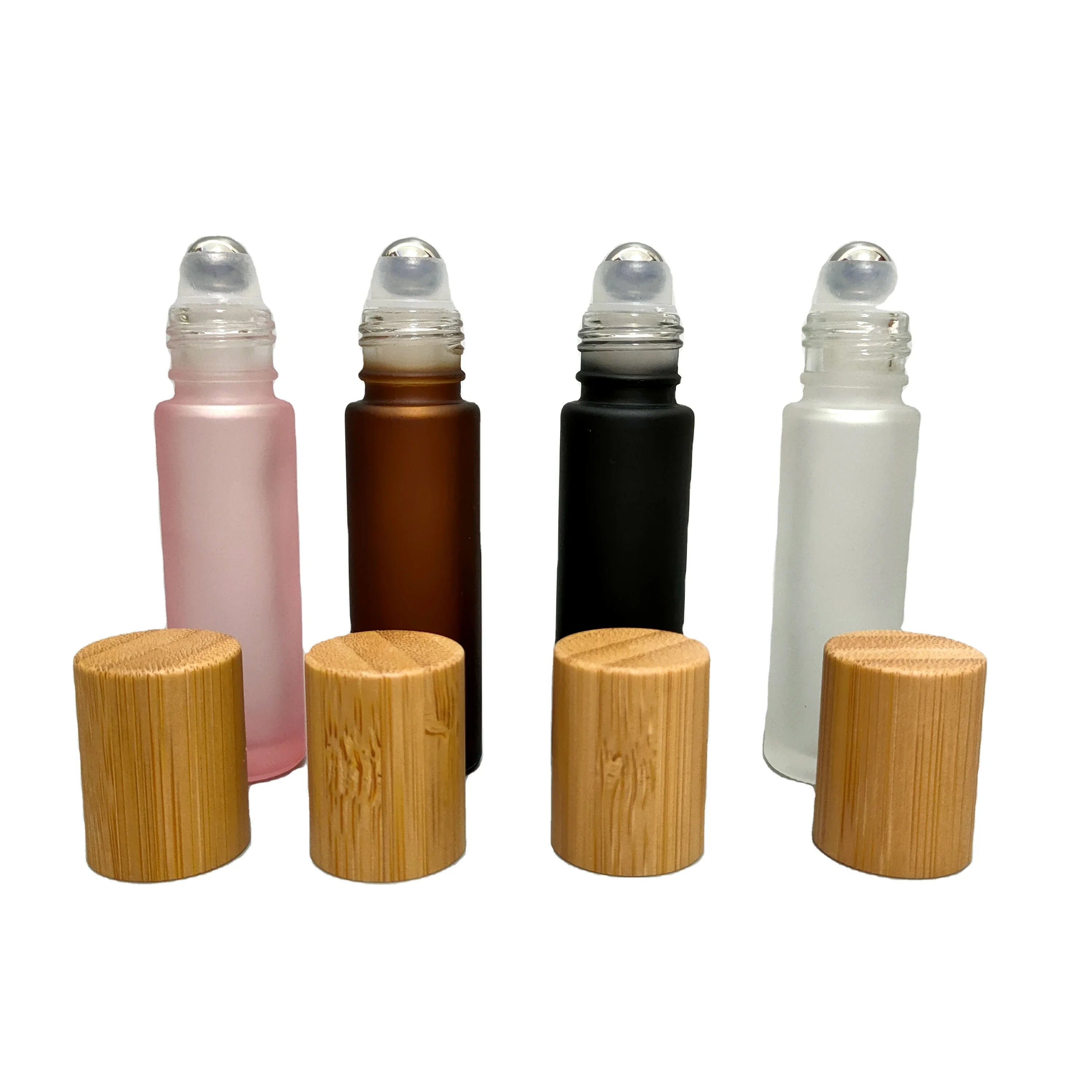 Clear Amber Frosted Glass Roll-on Bottle with Steel Roller for Ball Empty Bamboo Lid 5ml 10ml Capacity for Perfume