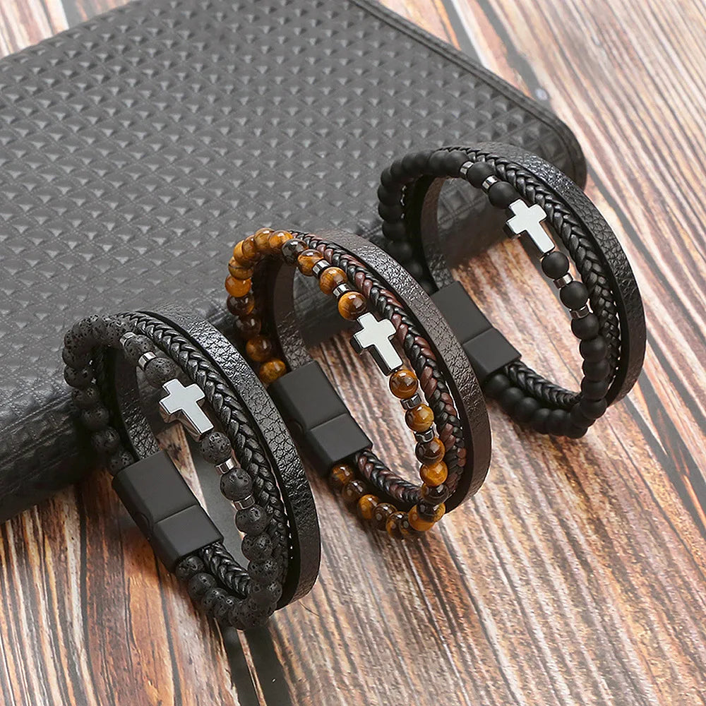 Hot Sale Mens Charm Cross Leather Wrap Bangle Bracelets Tiger Eye Stone Bead Leather Bracelet for Gift
