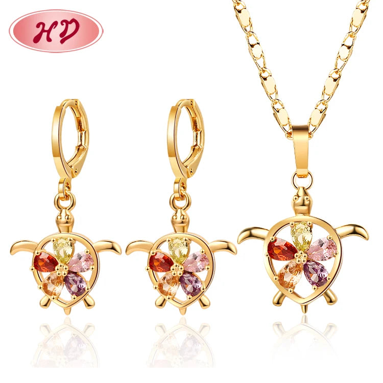 Fashion Bridal Wedding Jewelry Colorful and Cute Turtle Zircon 18K Gold Plated Brass Jewelry Sets for Women