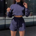 2025 Spring Women's Long Sleeve Half High Collar Zipper Crop Hoodie Shorts Two Piece Casual Women's Set