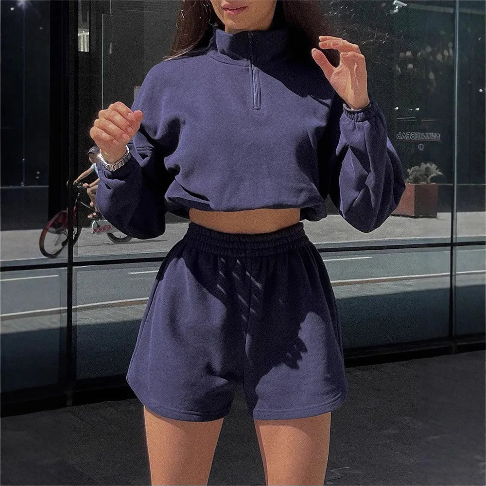 2025 Spring Women's Long Sleeve Half High Collar Zipper Crop Hoodie Shorts Two Piece Casual Women's Set