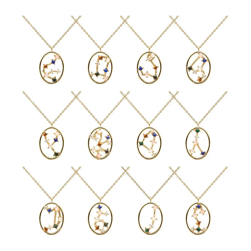 18K Gold PVD Twelve Astrology Horoscope CZ Gemstone 925 Sterling Silver Oval Zodiac Sign Pendant Necklace