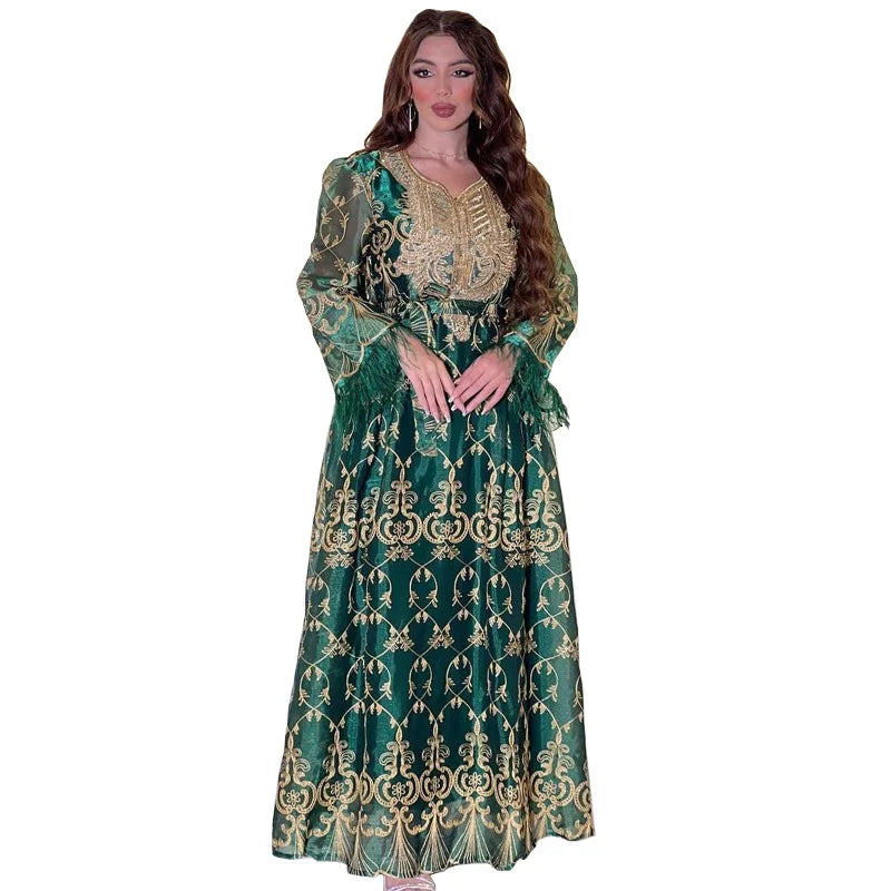 Arab Dubai Women's Gold Embroidered Gorgeous Jalabiya Middle Eastern Robe Muslim Evening Dress