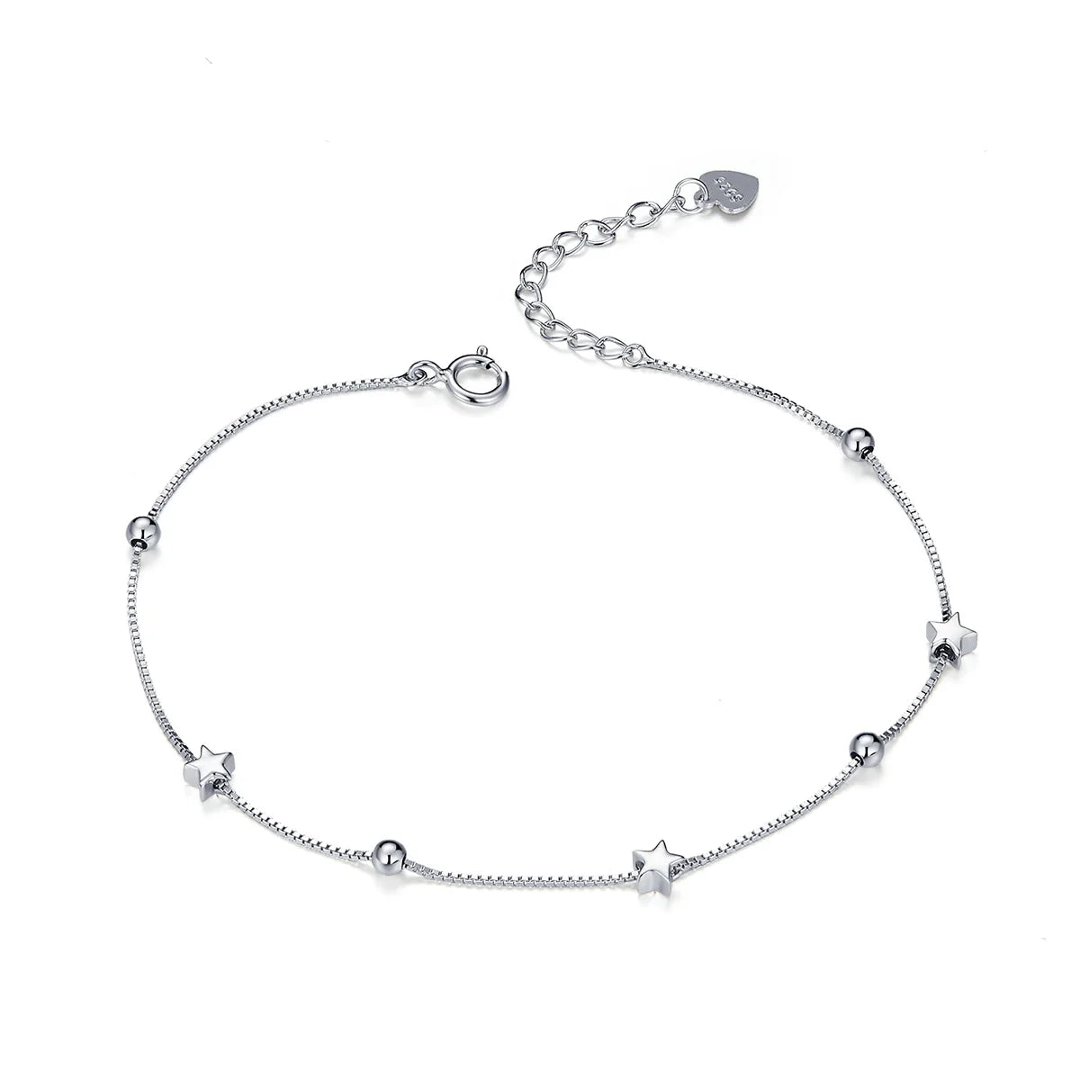 Genuine 925 Sterling Silver Heart and Star Beads Chain Bracelet Female Fashion Silver 925 Jewelry Accessories SCB171