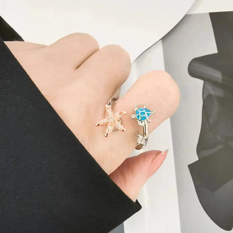 GT Starfish Fidget Anxiety Fidget Ring Open Ring Spinning Turtle Star Zircon Ring