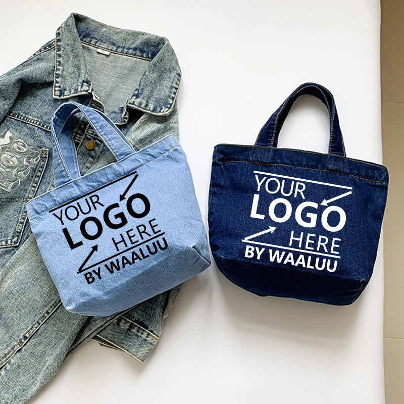 Custom Canvas Cowboy Art Shoulder Blue Foldable Bag Korean Style Denim Handbags Shopping Bag Girl Messenger