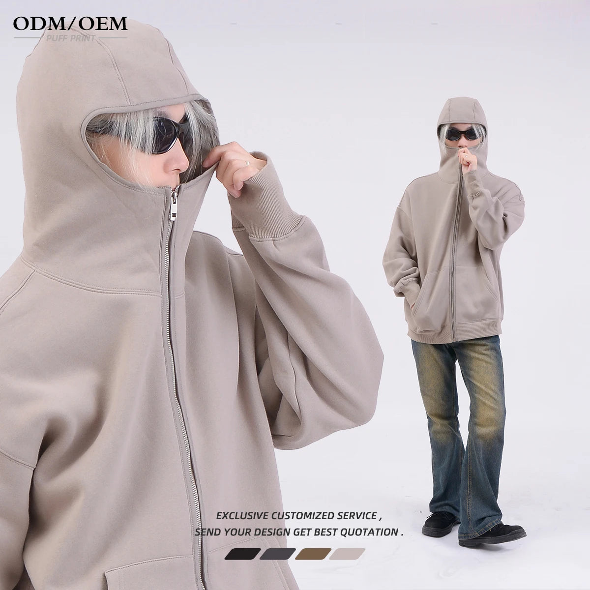 Custom Logo 350G Fleece Unisex Oversized Zip-Up Hoodie Ninja Face Mask Men's Women's Streetwear for Fall Premium Zipper Solid