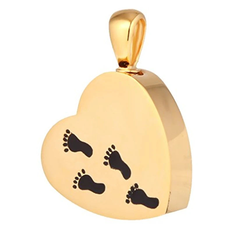 Stainless Steel Vintage Heart Cremation 18K Gold Plated Foot Print Urn Pendant Memorial Ashes Keepsake Holder Gift Souvenir