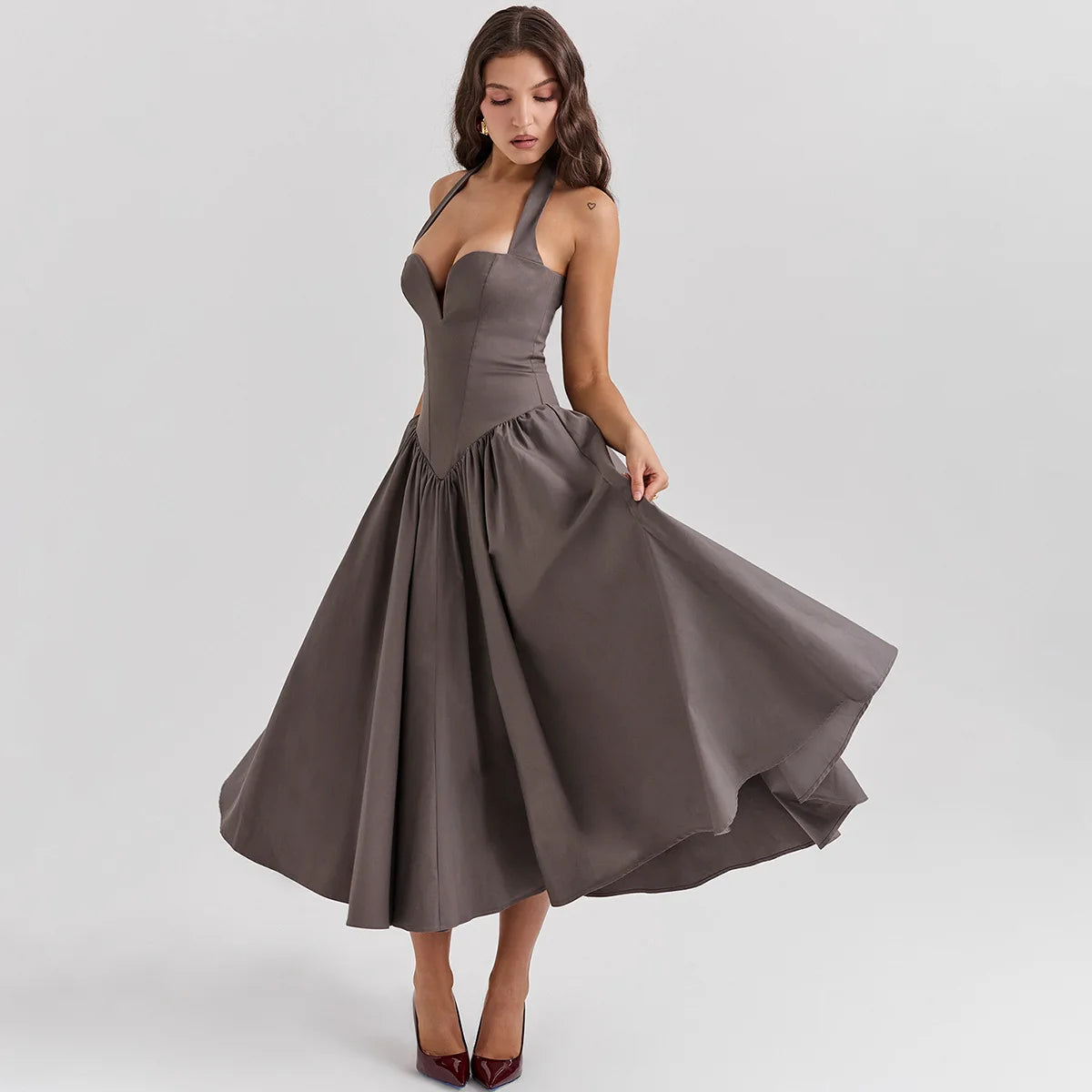 Fashionable Elegant Halter Solid Color Sleeveless Casual Midi Dresses Women