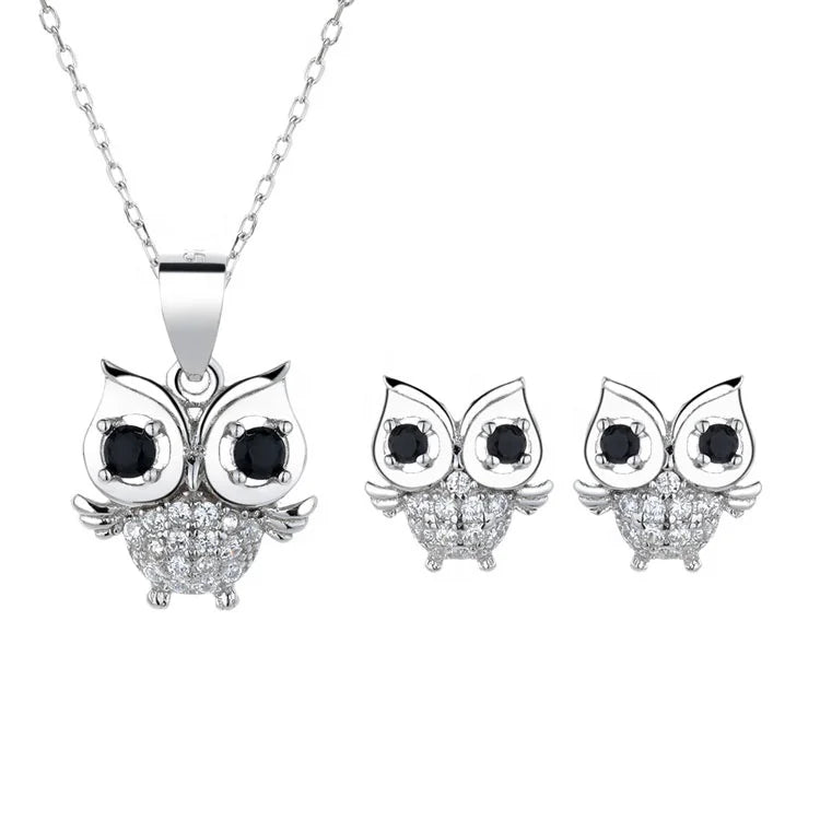 Sterling Silver 925 Owl Design Earrings and Necklace Jewelry Set for Kids